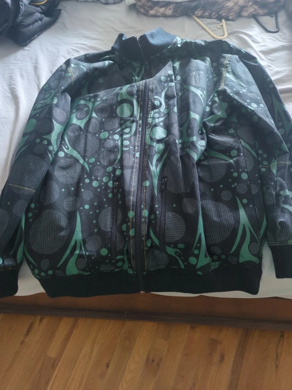 Green and Black Graphic Zip-Up Jacket